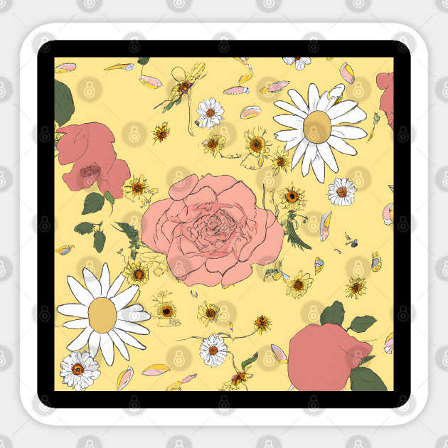 Delicate Hand-Sketched Flowers: Vintage Wallpaper with Daisies and Roses on Yellow. Sticker by Zenflow